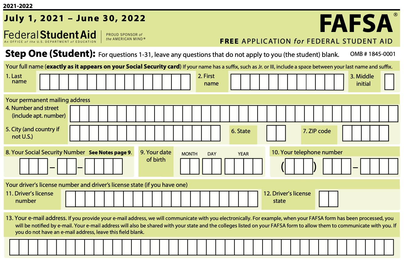 Free printable fafsa application form