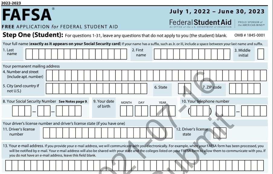 Printable FAFSA Application